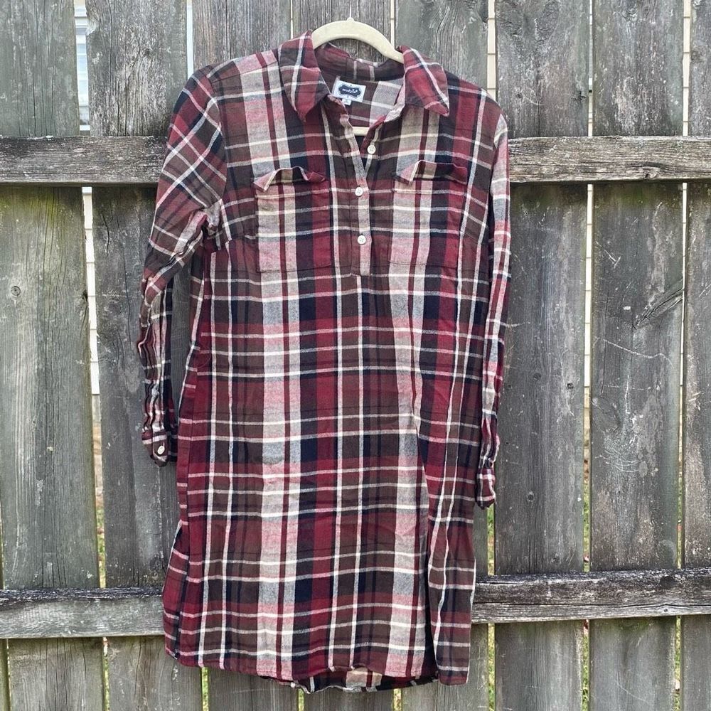 Mud Pie Maroon Flannel Plaid Shirt Dress | S